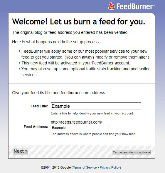 Enter the feed title and feedburner.com address.